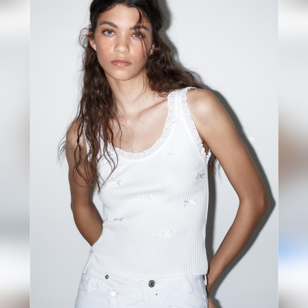 Zara Ribbed Bows And Lace Tank Top Size M